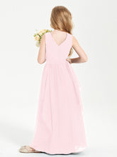 Boho Sleeveless Chiffon Junior Bridesmaid Dresses V-neck Blushing Pink