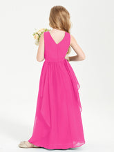 Boho Sleeveless Chiffon Junior Bridesmaid Dresses V-neck Fuchsia