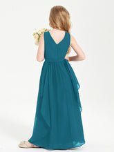 Boho Sleeveless Chiffon Junior Bridesmaid Dresses V-neck Ink Blue