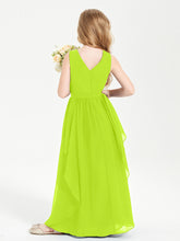 Boho Sleeveless Chiffon Junior Bridesmaid Dresses V-neck Lime Green