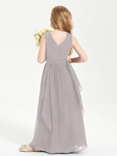 Boho Sleeveless Chiffon Junior Bridesmaid Dresses V-neck Silver