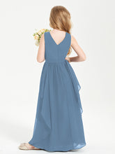Boho Sleeveless Chiffon Junior Bridesmaid Dresses V-neck Slate Blue
