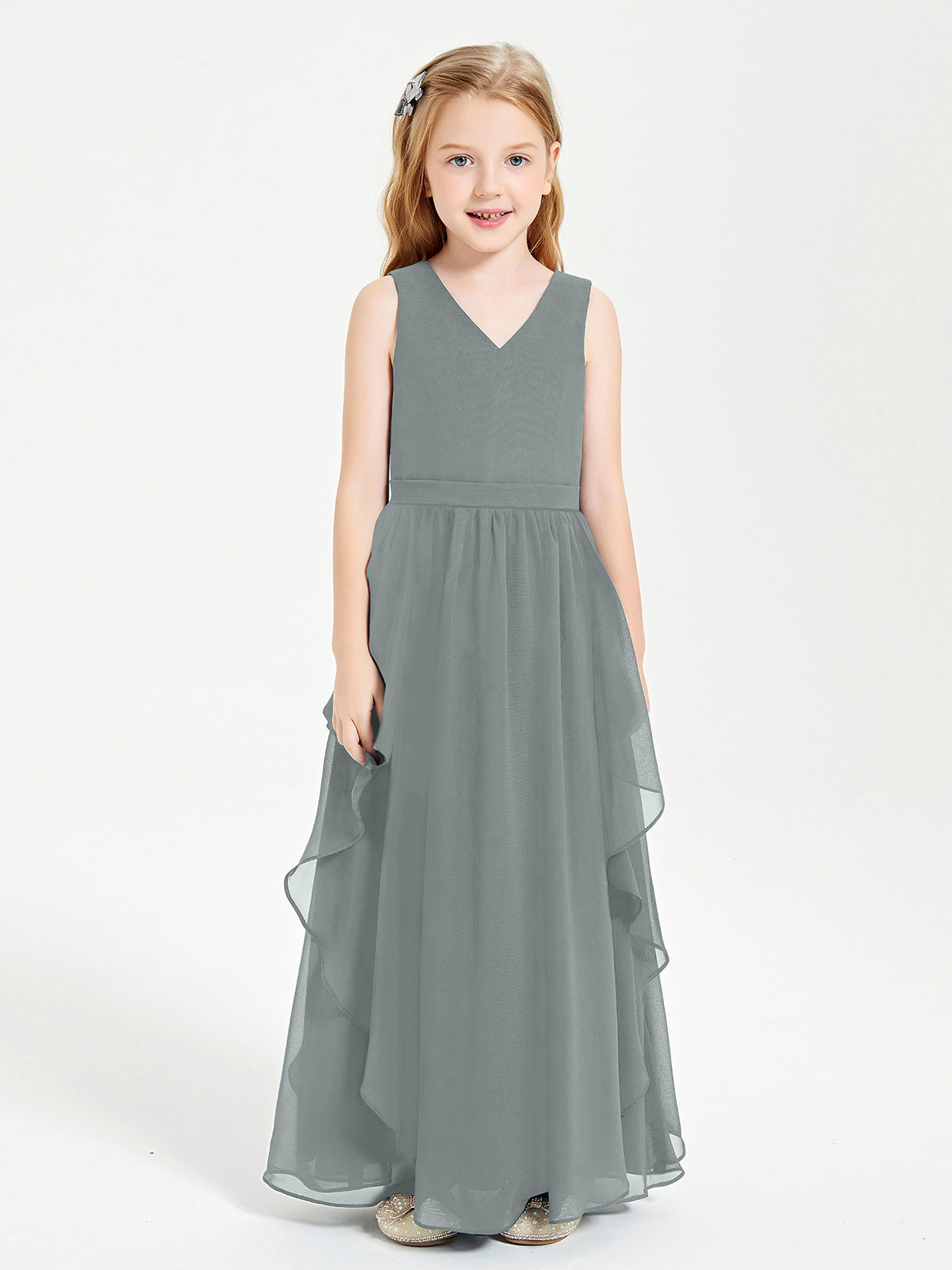 Halter Neck Lace Top Sleeveless Junior Bridesmaid Gown Steel Grey