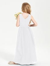 Boho Sleeveless Chiffon Junior Bridesmaid Dresses V-neck White