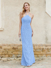 Halter Neck Sheath Lace Gown Blue