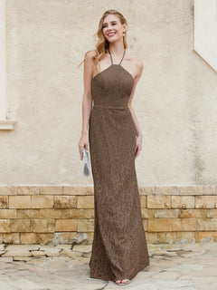 Halter Neck Sheath Lace Gown Brown