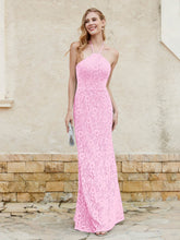 Halter Neck Sheath Lace Gown Candy Pink