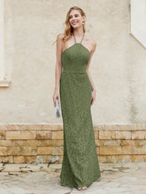 Halter Neck Sheath Lace Gown Olive Green