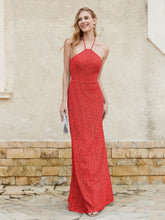 Halter Neck Sheath Lace Gown Red