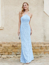 Halter Neck Sheath Lace Gown Sky Blue