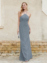 Halter Neck Sheath Lace Gown Slate Blue