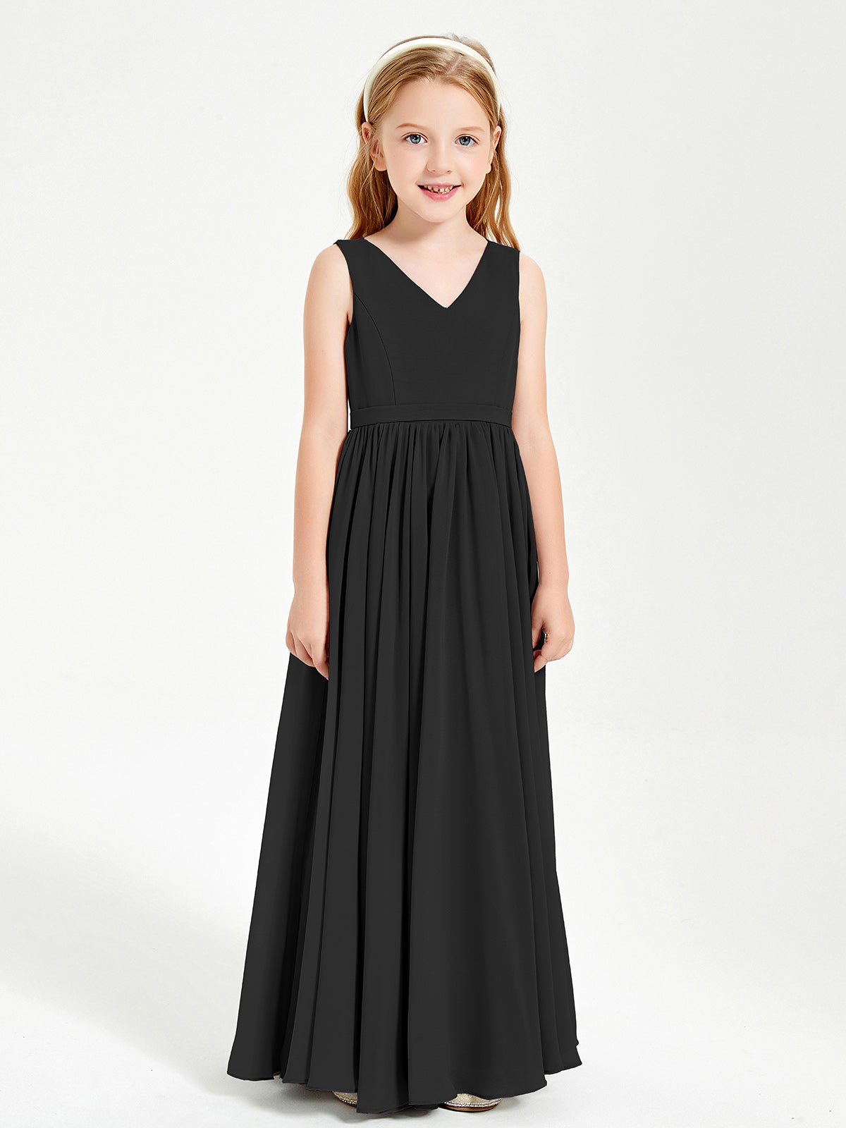 BABARONI Chiffon Black Junior Bridesmaid Dresses A-line V-neck