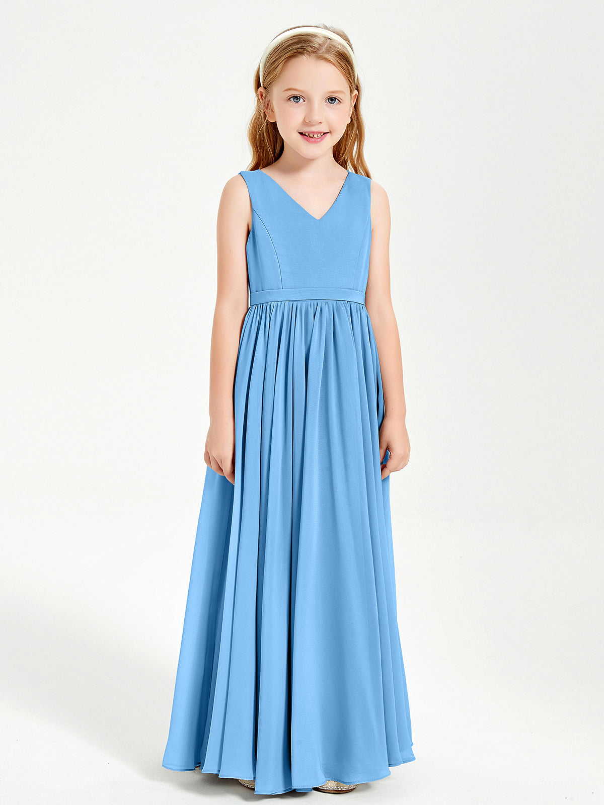 BABARONI Chiffon Blue Junior Bridesmaid Dresses A-line V-neck