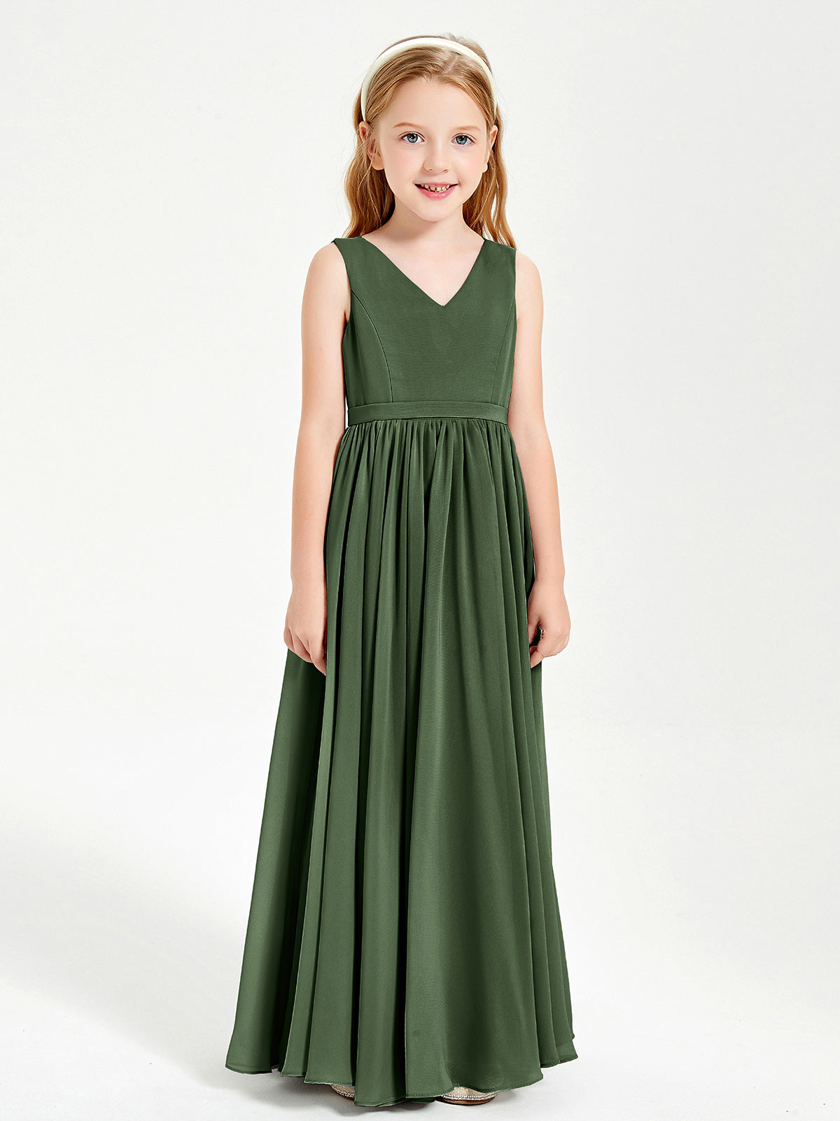 Cute V-neck Junior Bridesmaid Dresses with Pleated Lime Green