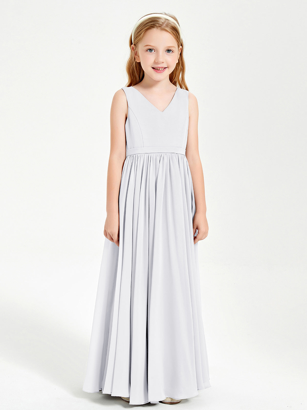 BABARONI Chiffon White Junior Bridesmaid Dresses A-line V-neck