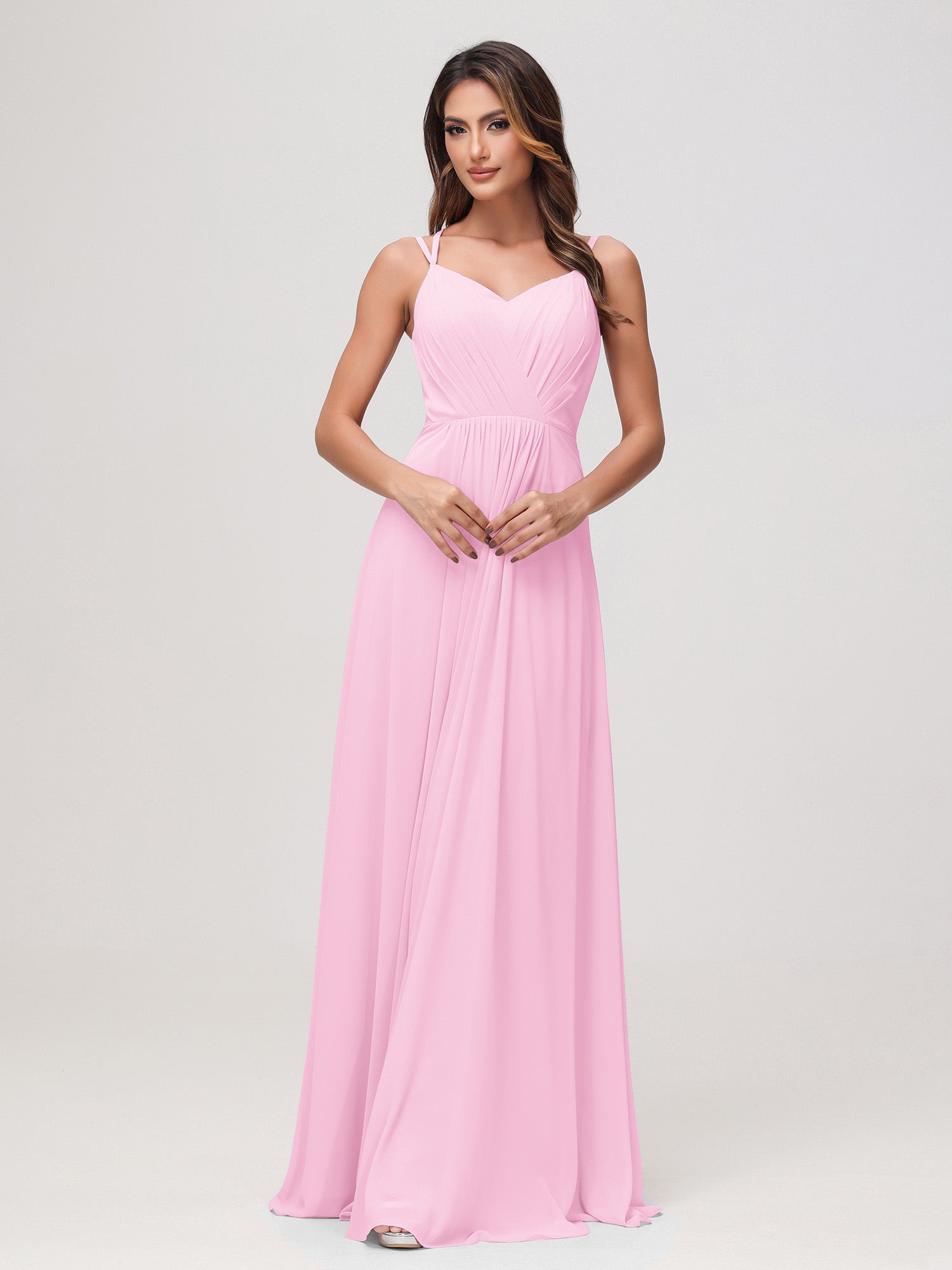 candy pink bridesmaid dresses BABARONI Chiffon Sweetheart Floor-length Spaghetti Straps Ruched A-line, Candy Pink / US0 MESH INSERT in bra Hand Wash ASTRA WAVE SEQUIN STRAPLESS Color:Other color from color chart