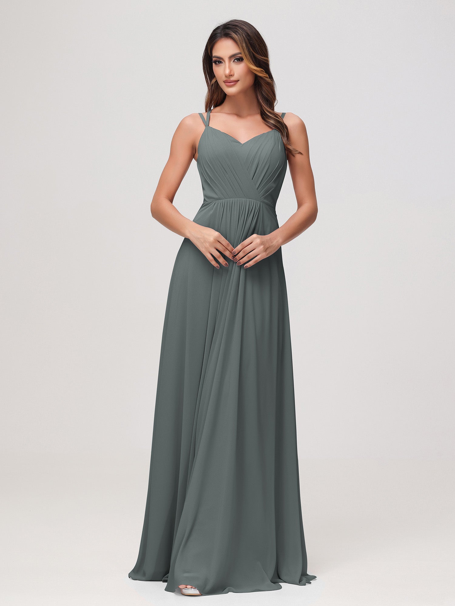 Full Length Chiffon Dresses with Bow Steel Grey