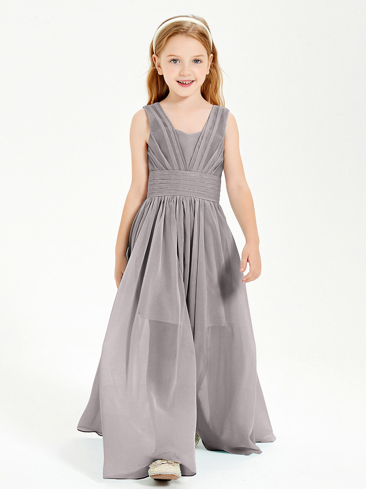 BABARONI Long Elegant V-neck Bridesmaid Dresses For Juniors Silver, Silver / J4