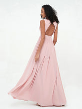 V neck Chiffon Long Dresses with Open Back Dusty Rose