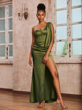 One Shoulder Corset Sheath Acetate Satin Dress Olive Green
