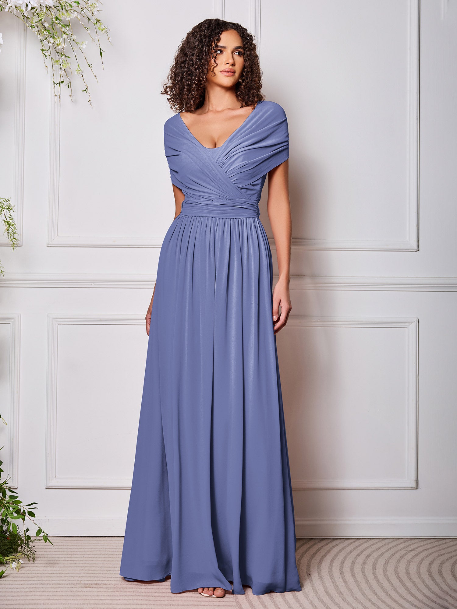 BABARONI Chiffon Periwinkle Bridesmaid Dresses Floor-length Ruched A-line