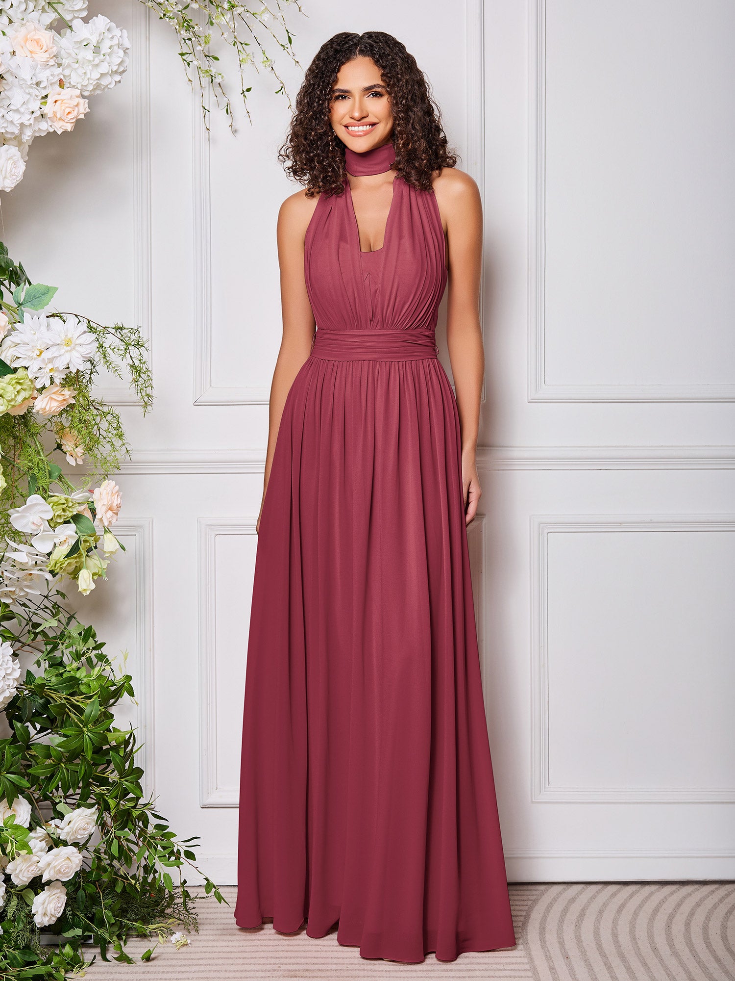 BABARONI Chiffon Cinnamon Rose Bridesmaid Dresses Floor-length Ruched A