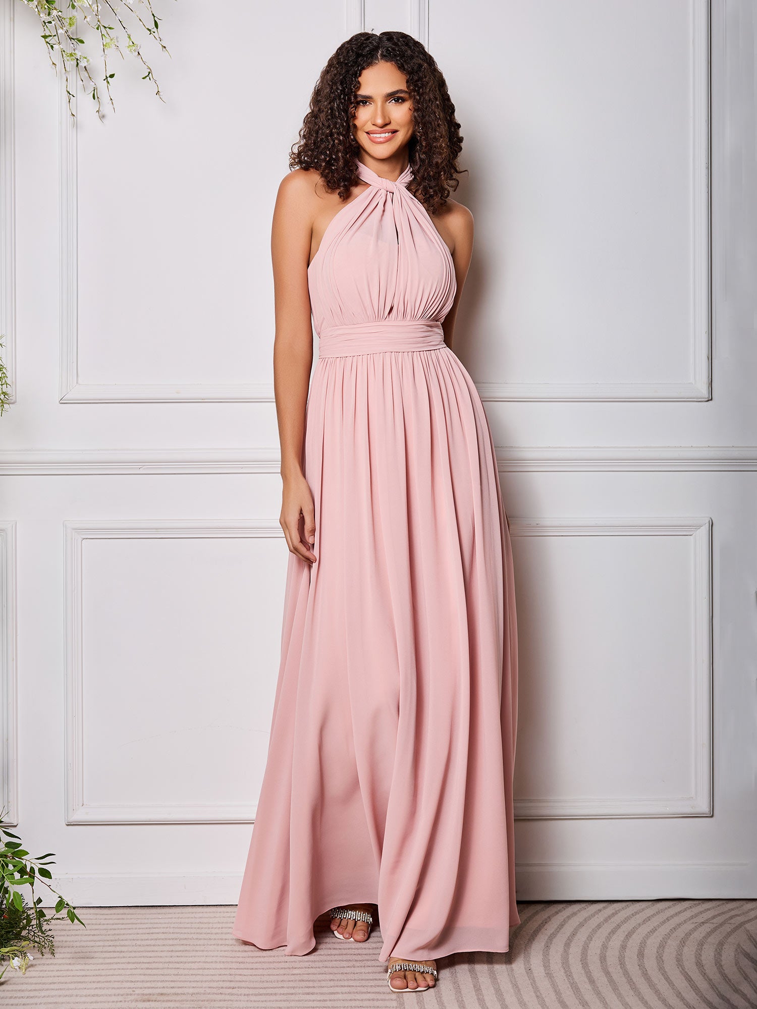 BABARONI Chiffon Dusty Rose Bridesmaid Dresses Floor-length Ruched A-line, Dusty Rose / US0