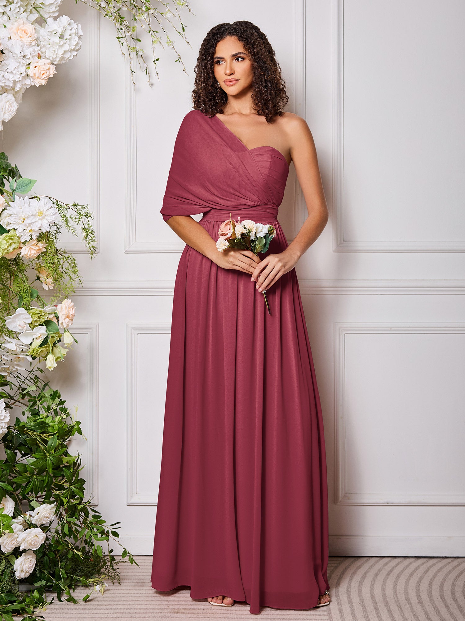 BABARONI Chiffon Cinnamon Rose Bridesmaid Dresses Floor-length Ruched A