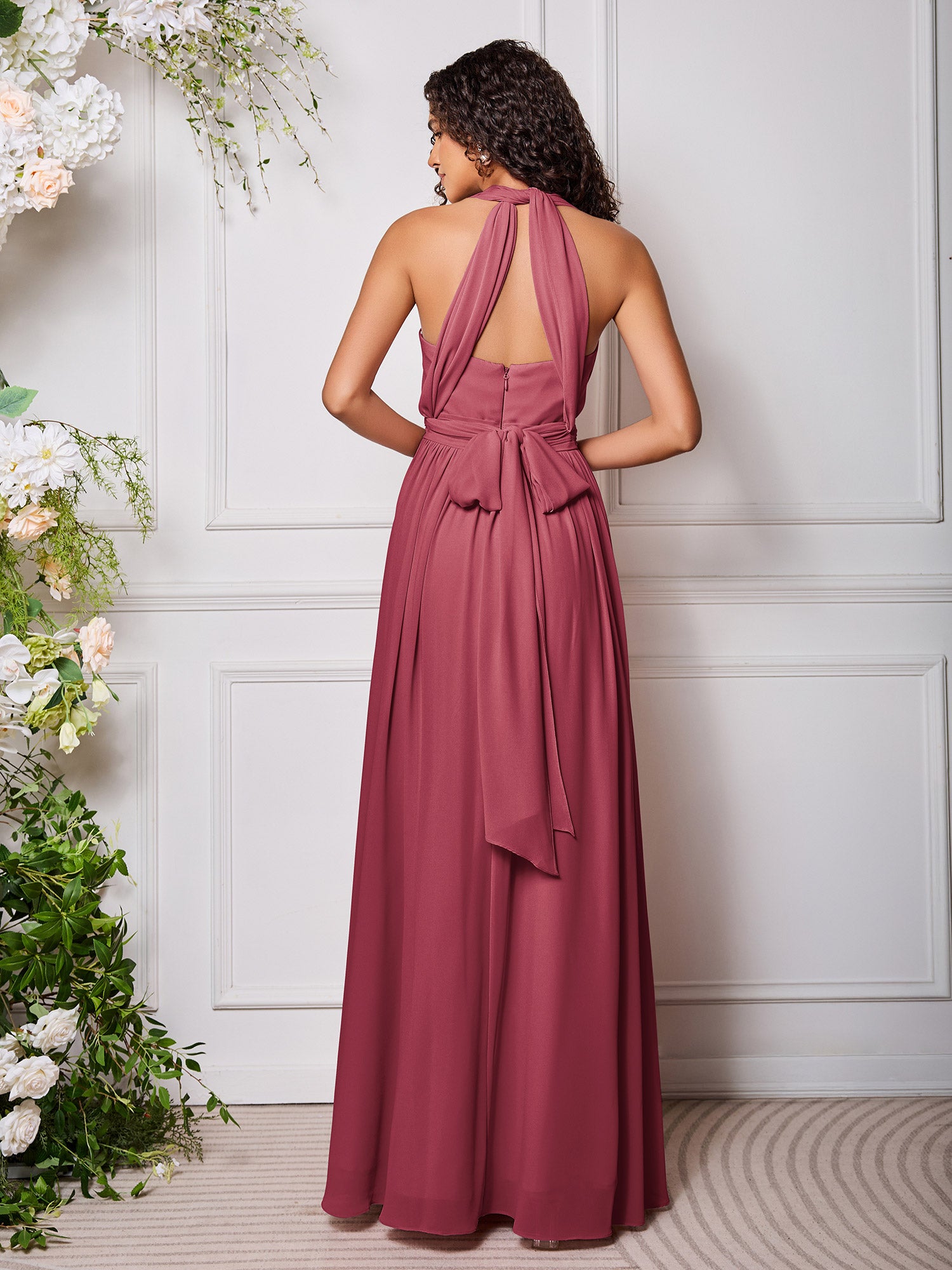BABARONI Chiffon Cinnamon Rose Bridesmaid Dresses Floor-length Ruched A