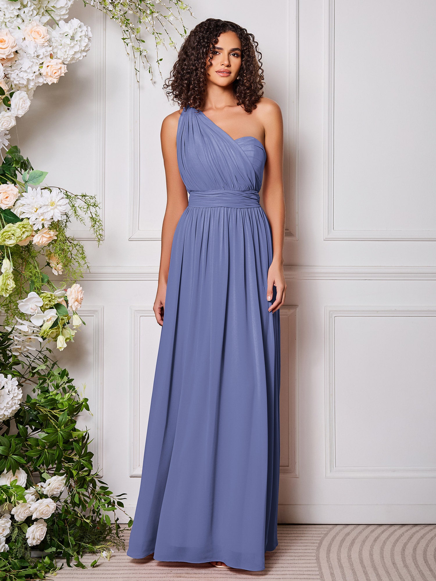 BABARONI Chiffon Periwinkle Bridesmaid Dresses Floor-length Ruched A-line