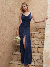 V Neck Velvet Dress With Slit Dark Navy