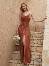 V Neck Velvet Dress With Slit Rust