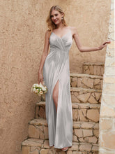V Neck Velvet Dress With Slit Silver