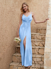 V Neck Velvet Dress With Slit Sky Blue