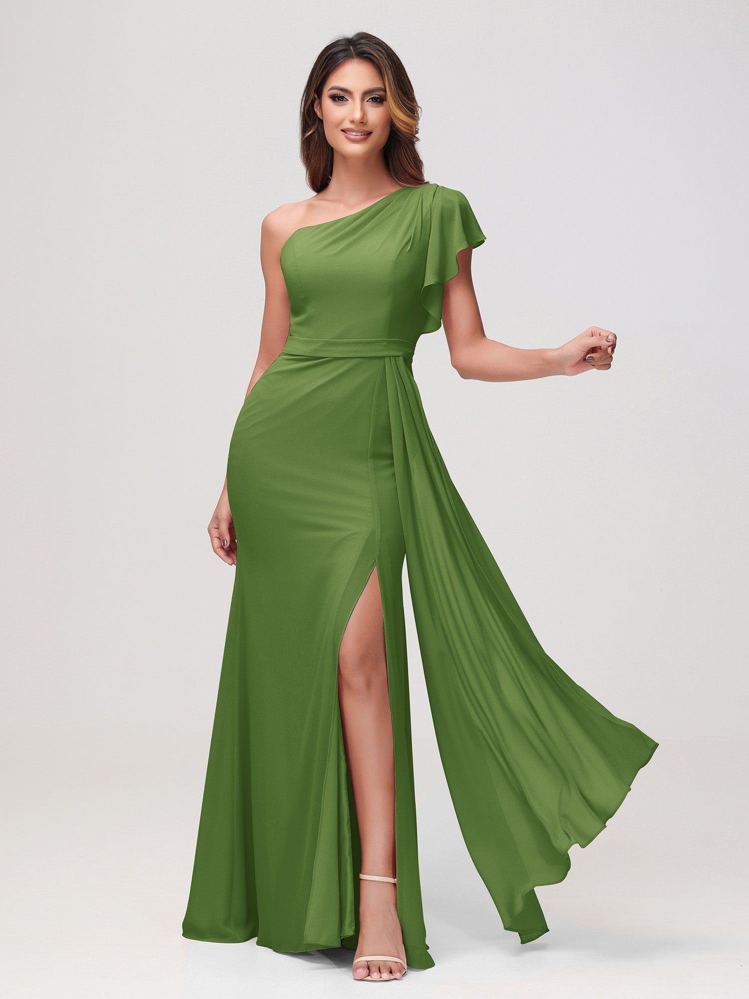 BABARONI A-Line One Shoulder Sheath Dress Moss, Moss / US0