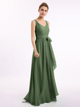 V neck Chiffon Bow Sash Gowns with Split Olive Green