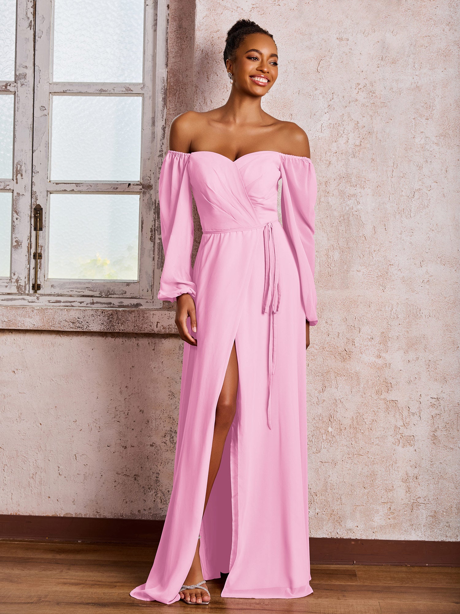 BABARONI Off-The-Shoulder Long Sleeves Bow Dresses with Slit Candy Pink, Candy Pink / US0 BABARONI Off-The-Shoulder Long Sleeves Bow Dresses with Slit Candy Pink, Candy Pink / US0
