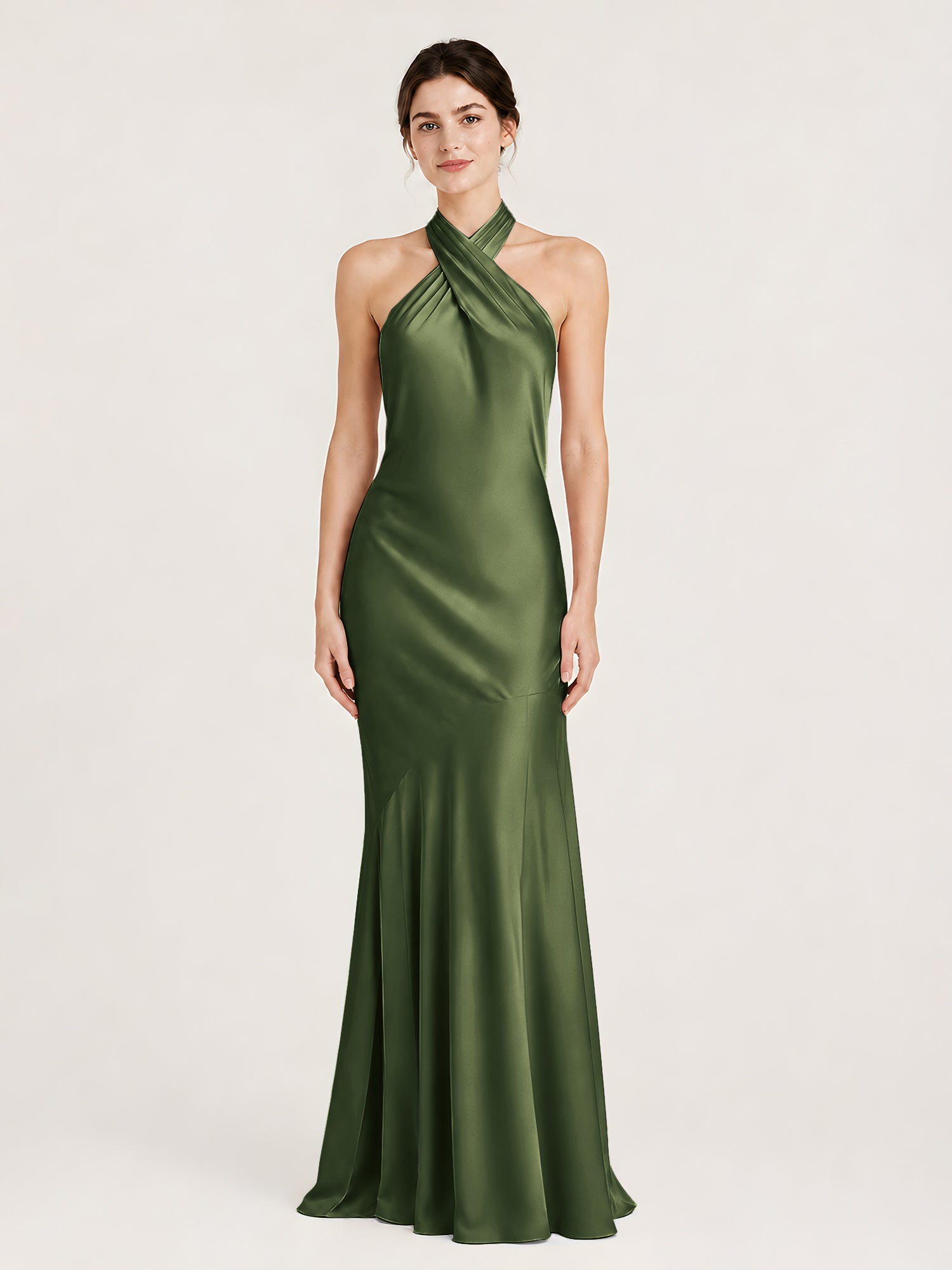 olive green mermaid dress Acetate Satin Bridesmaid Dresses Halter Floor-length Mermaid, Olive Green / US0 72025-1173_00N_00A