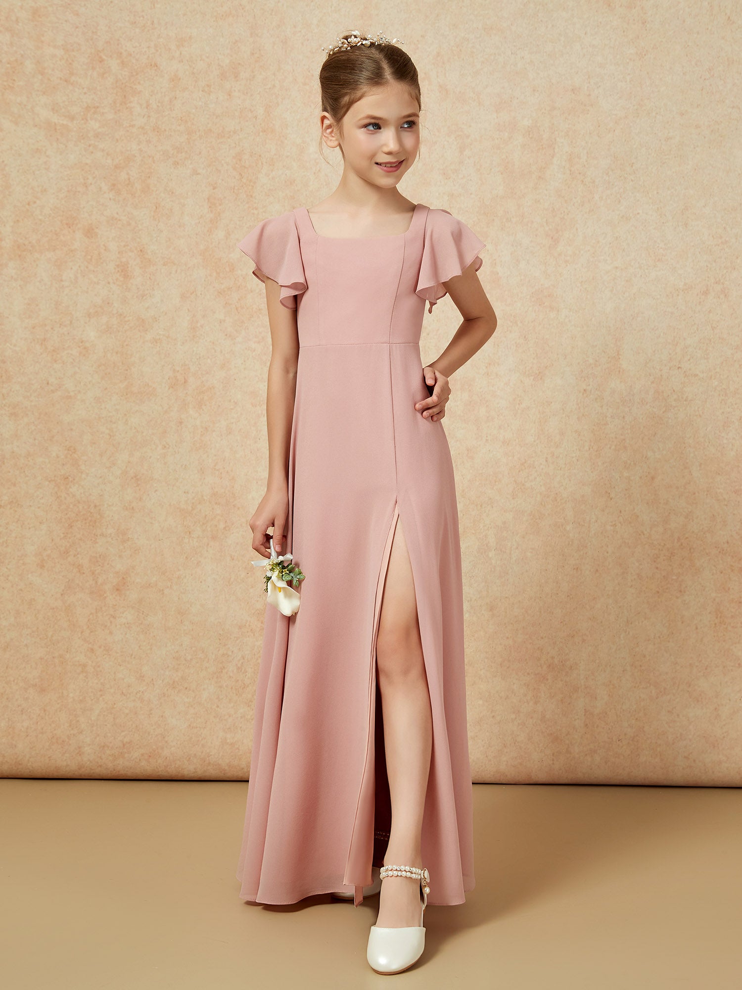 BABARONI Flutter Sleeves Long Junior Bridesmaid Dresses With Slit Dusty Rose, Dusty Rose / J4 BABARONI Flutter Sleeves Long Junior Bridesmaid Dresses With Slit Dusty Rose, Dusty Rose / J4