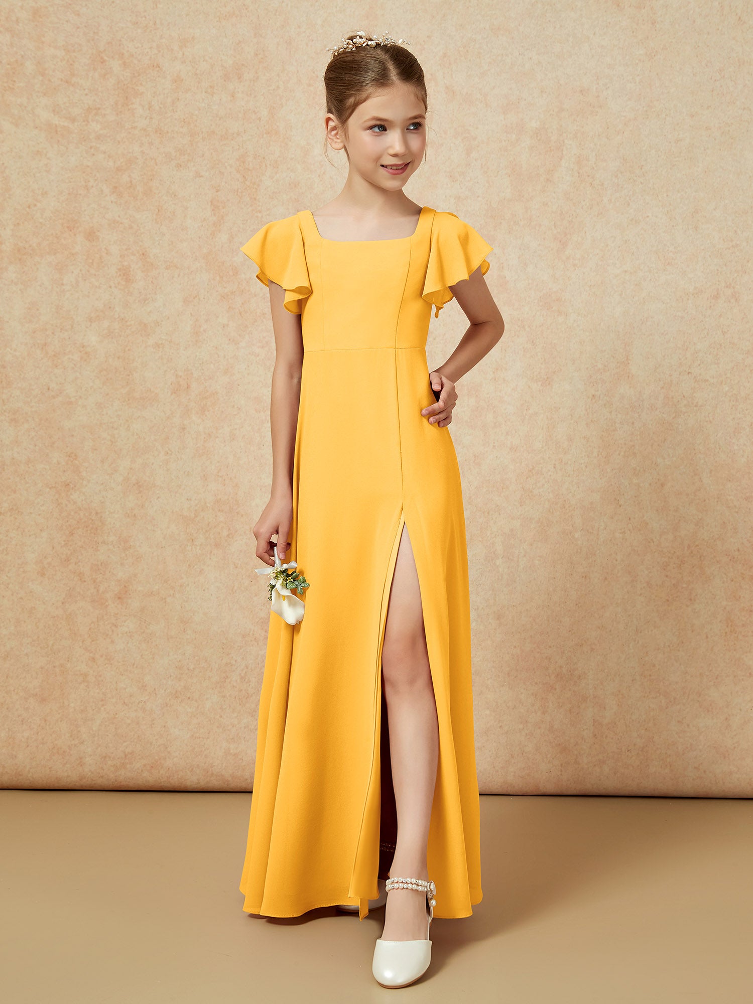 Flowy Chiffon A-Line Long Junior Bridesmaid Dresses Orange