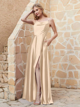 A Line Cowl Neck Satin Dress With Slit Champagne