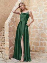 A Line Cowl Neck Satin Dress With Slit Dark Green