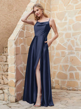 A Line Cowl Neck Satin Dress With Slit Dark Navy