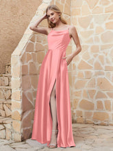 A Line Cowl Neck Satin Dress With Slit Flamingo