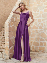 A Line Cowl Neck Satin Dress With Slit Grape