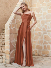 A Line Cowl Neck Satin Dress With Slit Rust