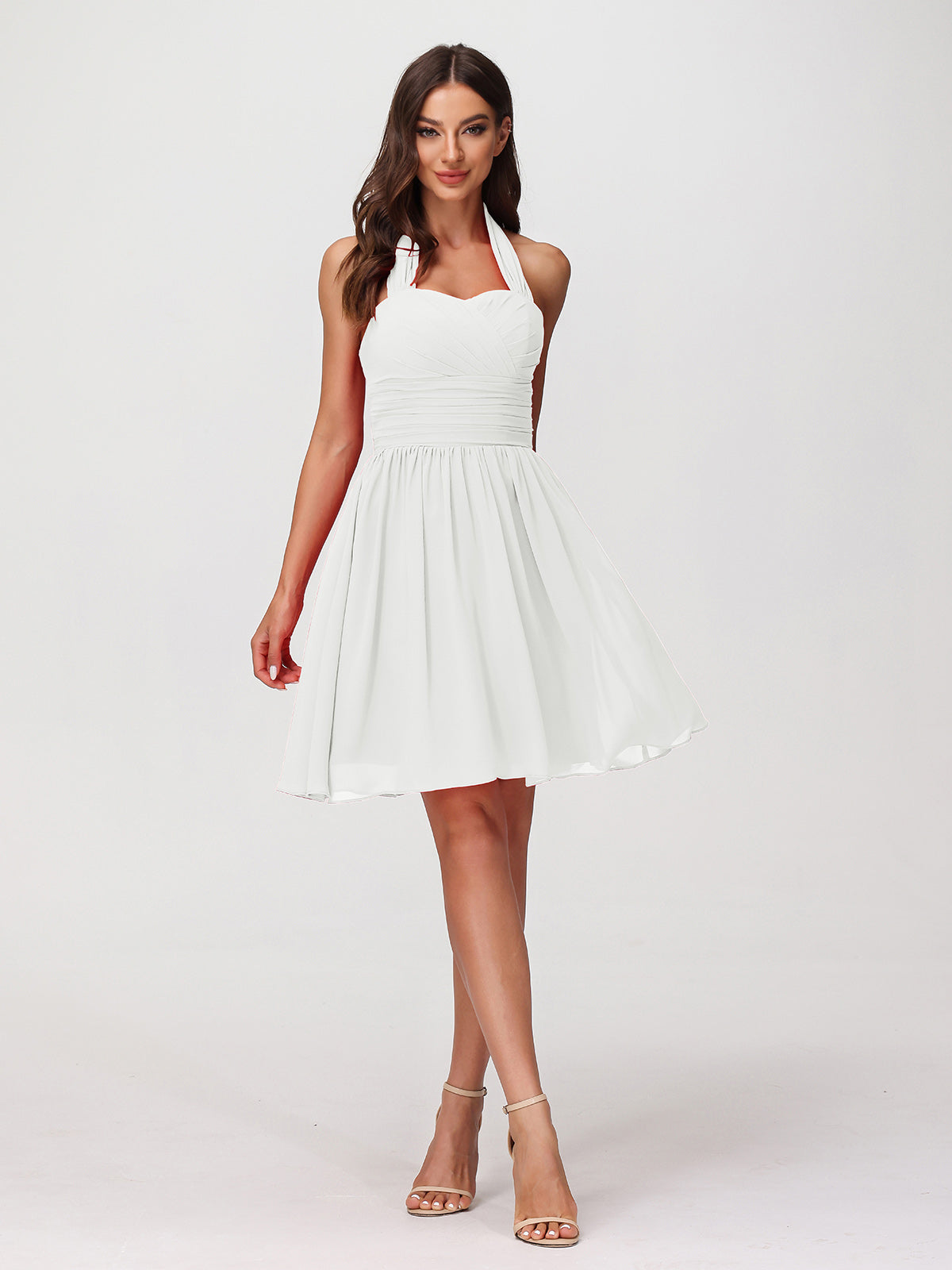 BABARONI Halter Sweetheart Chiffon Short Dressses Ivory Plus Size, Ivory / US18