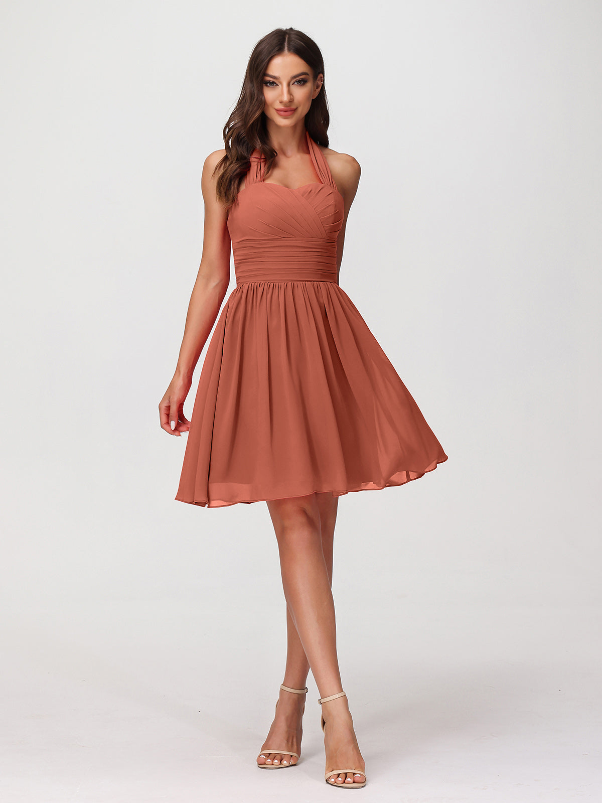 Halter Chiffon Short Dresses With Pocket Rust Plus Size