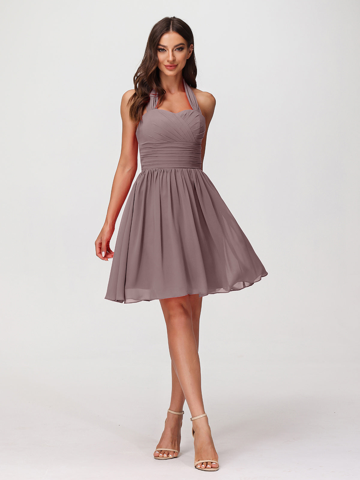 short chiffon bridesmaid dresses BABARONI Vintage Mauve Halter Short/Mini Sleeveless Ruched A-line, Vintage Mauve / US18 Zipper Neckline Red Backless Halter Dress Period Style:Mid-Century Modern Black floral dress