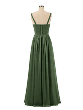 Pleated Chiffon Bodice Long Gown with Straps Olive Green